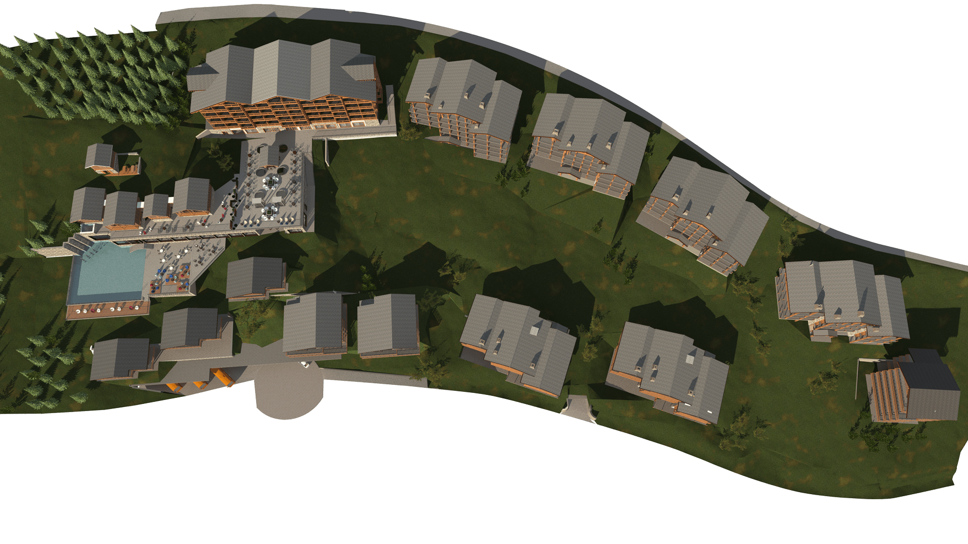 topview-3D-1920 Projet immobilier Dixence Resort: Maquette Bains Thermaux, Chalet et Résidence